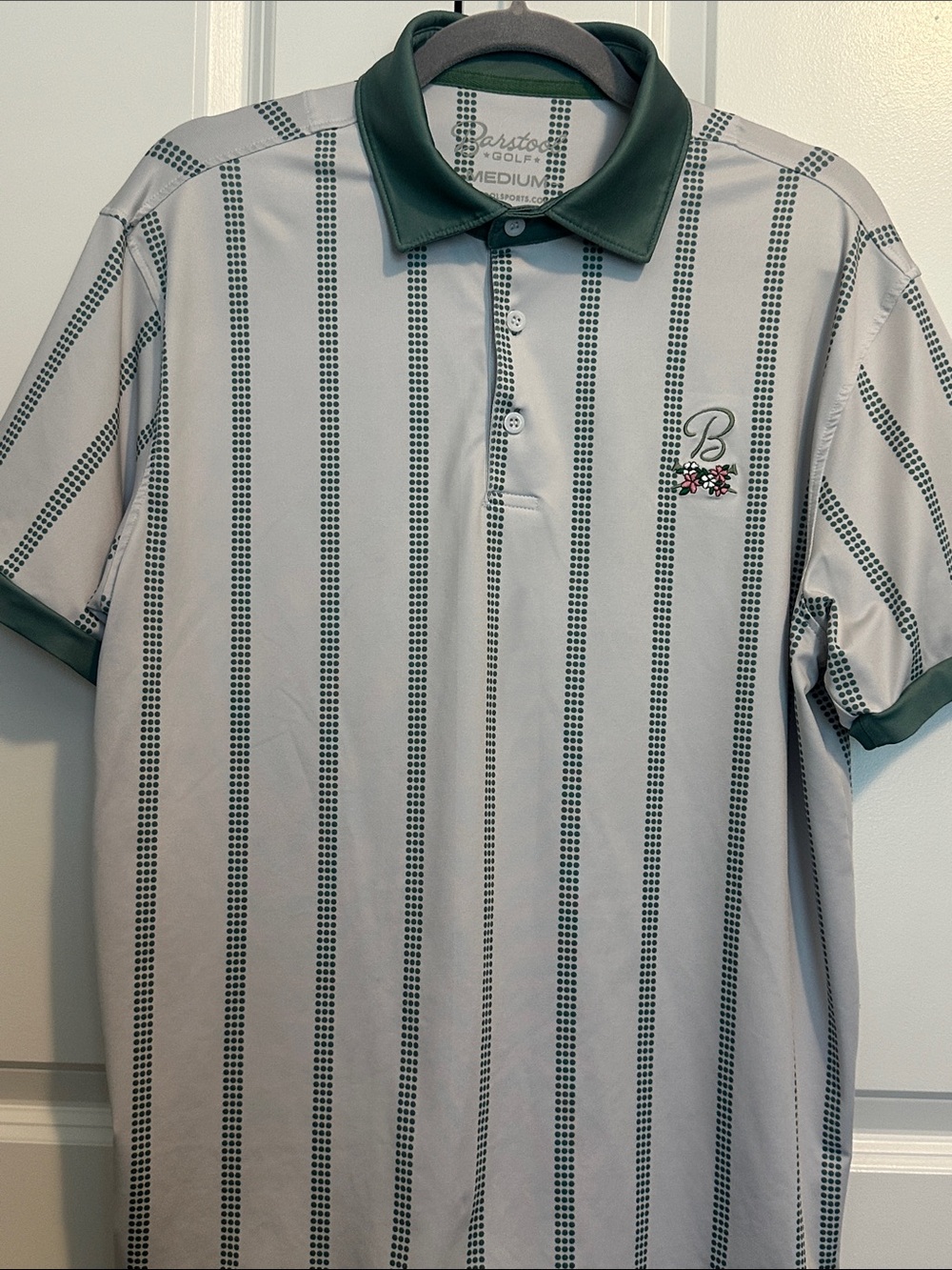 Barstool Sports Golf Polo Shirt Mens Medium Green Striped Floral Front Logo